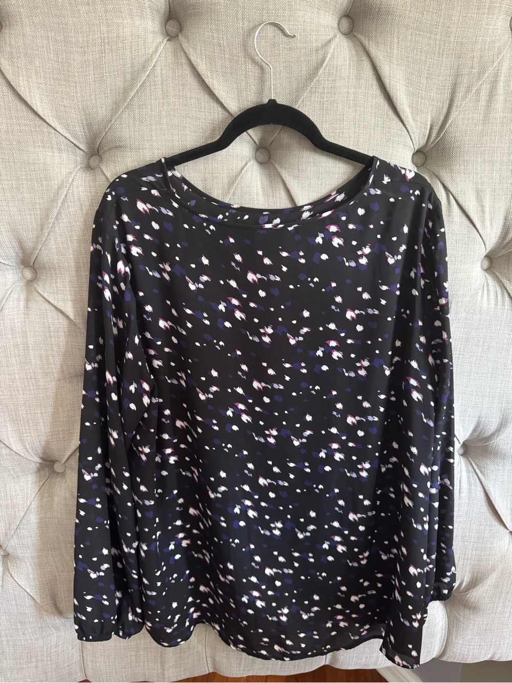 Apt. 9 Black Long-Sleeve Blouse with Pink, Purple and White Speckle Print